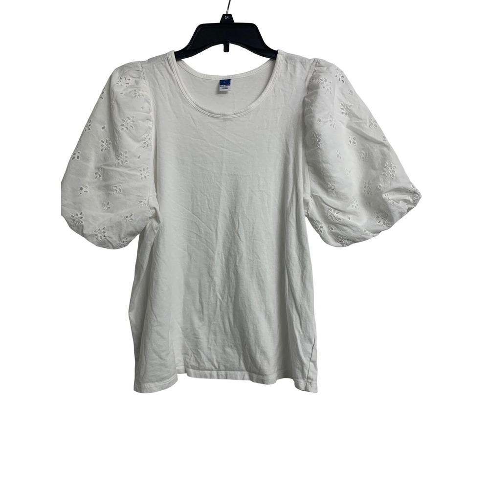 Old Navy White Eyelet Puff Sleeve Knit Top Blouse Large L Cotton
